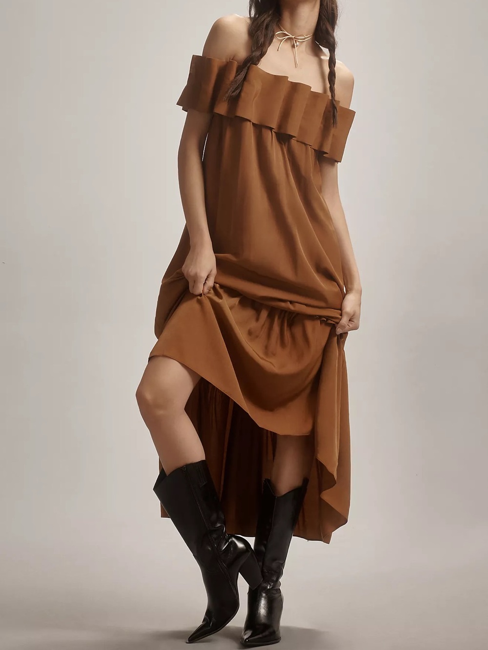 Anthropologie Mare Mare Off-The-Shoulder 3D Ruffled Midi Dress in Brown